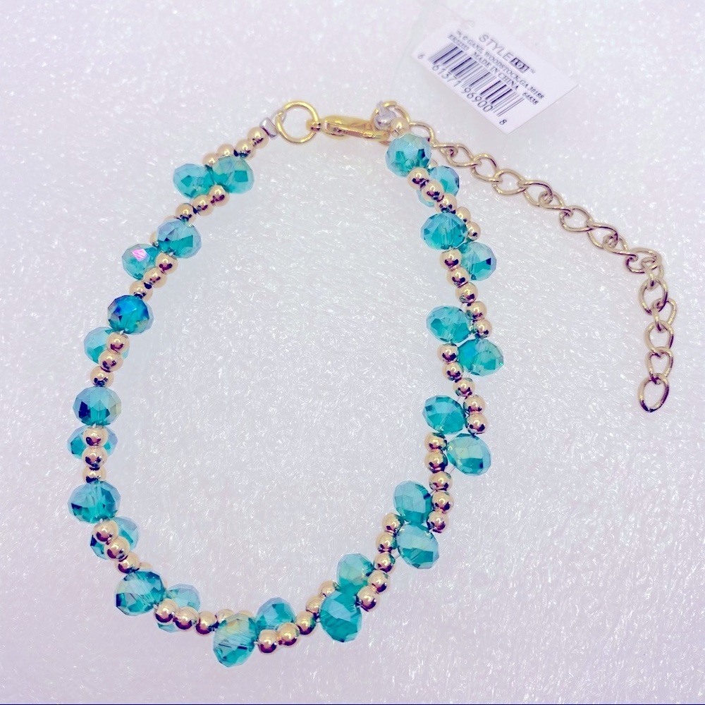 Bracelet Greenish Blue Iridescent and Golden beads